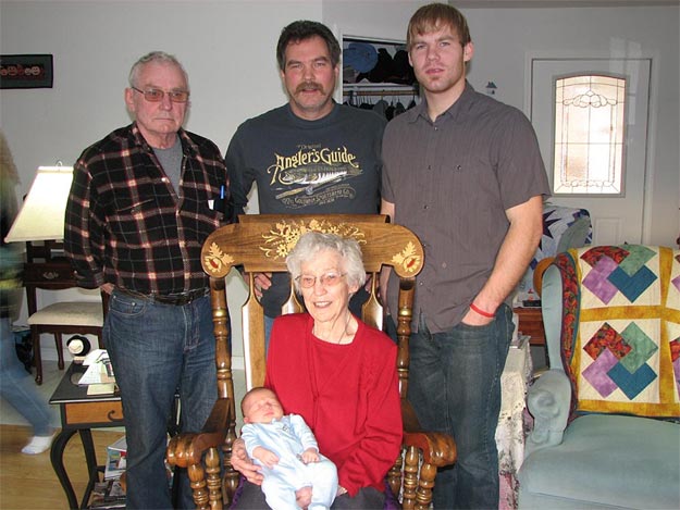Photo of Bill Buzby and his son Bill, grandson Nick, mother Tiny Buzby and great grandson Kasen.
