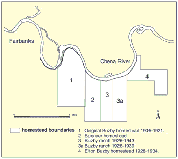 Map showing Buzby family homestead locations