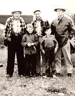 Old photograph of Ted Buzby, Elt Buzby and Bob Buzby with boys Joe (Elt's youngest) and Martin (Ted's son)
