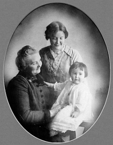Old black and white oval shaped photo of grandmother Louisa Buzby, her daughter Bessie Buzby Spencer and Bessie's daughter Lois Marian Spencer,age 2, in 1914